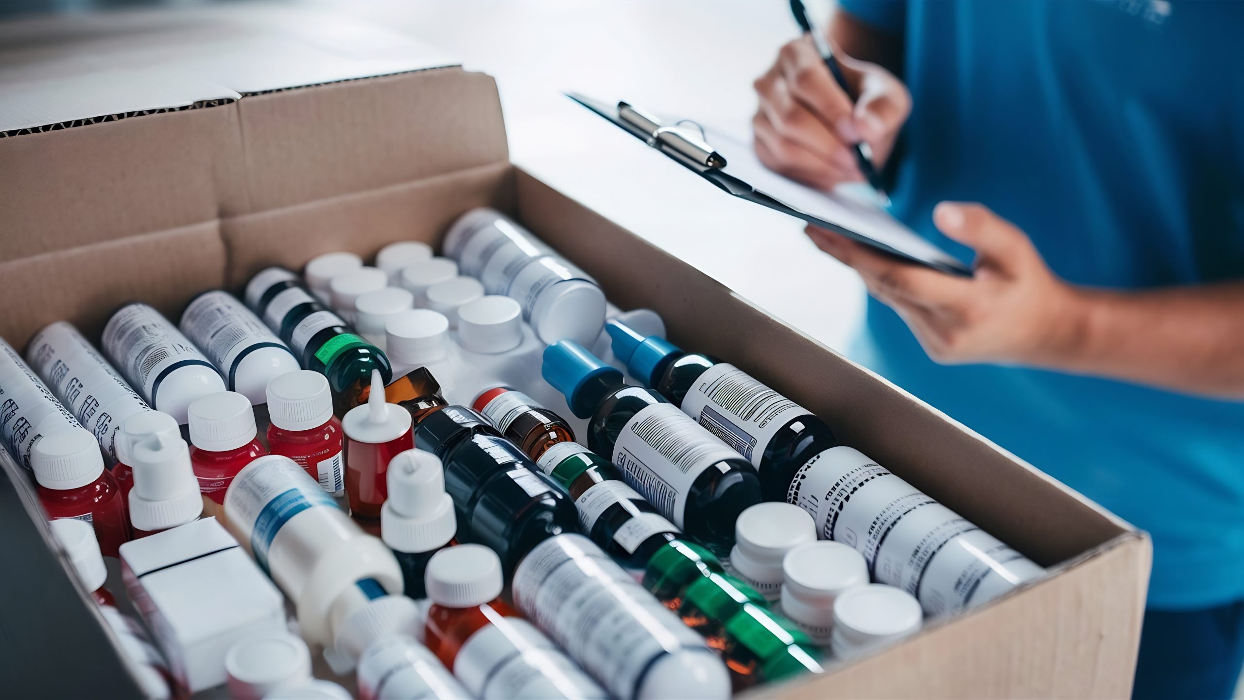 Inicio 10 entrega de medicamentos casa desde la caja de carton de la farmacia con medicamentos pastillas frascos y aerosoles scaled